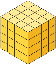 Ilustração de um cubo composto por cubos menores. Em seu comprimento, largura e altura há 4 cubos.