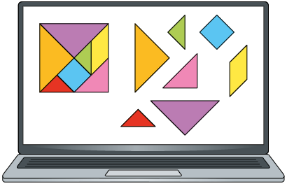 Ilustração de um computador. Em sua tela, no lado esquerdo, há um quadrado, composto por cinco triângulos, cada um de uma cor, sendo elas laranja, roxo, vermelho, verde e rosa, um quadrado azul e um paralelogramo amarelo. No lado direito da tela, estão as figuras espalhadas que compõe o quadrado. 