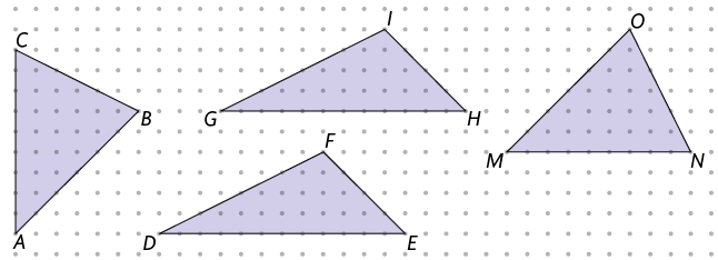 Ilustração de uma malha pontilhada quatro triângulos. Dois triângulos semelhantes estão ao centro, um mais acima do outro. O de cima tem vértices, em sentido anti-horário, G, H e I. O abaixo tem vértices, em sentido anti-horário, D, E e F. À esquerda há um triângulo de vértices A, B e C, semelhante ao triângulo da direita, que tem vértices, em sentido anti-horário, M, N e O.