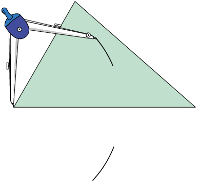 Ilustração de um triângulo, com base na horizontal. E um compasso traçando um arco dentro do triângulo, com sua ponta seca no vértice ao lado esquerdo do lado da base.