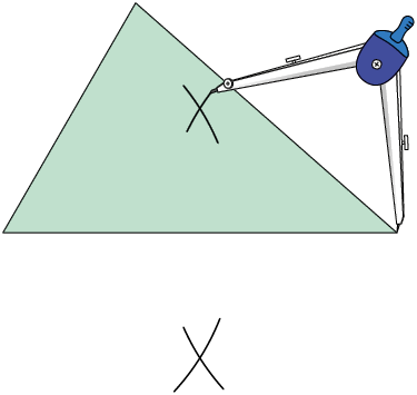Ilustração de um triângulo, com base na horizontal. E um compasso traçando um arco dentro do triângulo, cortando um arco já traçado, com sua ponta seca no vértice ao lado direito do lado da base. Abaixo do lado da base há dois arcos se cruzando.