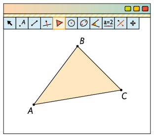 Ilustração de uma página de computador com um software de geometria dinâmica. Há vários botões de ferramentas e um com o desenho de um polígono está selecionado. Ainda na aba, está desenhado um triângulo com os vértices, em sentido horário, A, B e C.