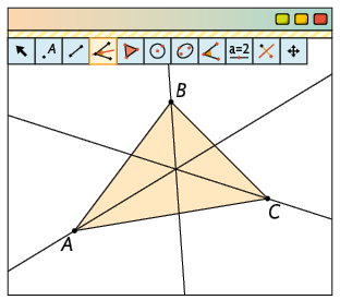 Ilustração de uma página de computador com um software de geometria dinâmica. Há vários botões de ferramentas e um com o desenho de um ângulo dividido por uma reta está selecionado. Ainda na aba, está desenhado um triângulo com os vértices, em sentido horário, A, B e C e suas respectivas bissetrizes.