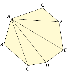 Ilustração de um polígono de sete lados A B C D E F G. Há 4 diagonais desenhadas, todas  partindo do vértice A.