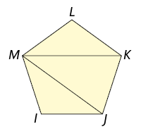 Ilustração de um polígono convexo de cinco lados I J K L M. Com 2 diagonais traçadas. Uma ligando os vértices J e M, outra ligando os vértices K e M. 