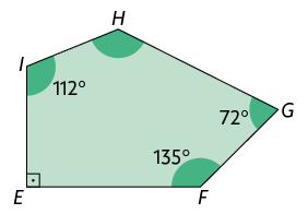 Ilustração de um polígono de 5 lados E F G H I. O ângulo do vértice: E mede 90 graus, F mede 135 graus, G mede 72 graus, I mede 112 graus. Não está indicado a medida do ângulo de vértice H.