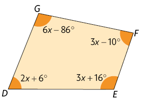 Ilustração de um polígono de 4 lados D E F G. O ângulo do vértice: D mede 2 x mais 6 graus, do vértice, E, mede 3 x mais 16 graus, do vértice. F, mede 3 x menos 10 graus, do vértice ,G, mede 6 x menos 86 graus. 
