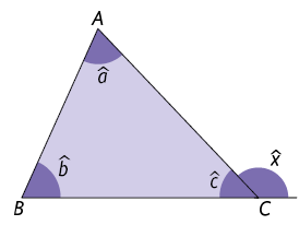 Ilustração de um triângulo, A maiúsculo, B maiúsculo e C maiúsculo, e seus respectivos ângulos internos, a minúsculo, b minúsculo e c minúsculo. Em C maiúsculo também há o ângulo externo X. 