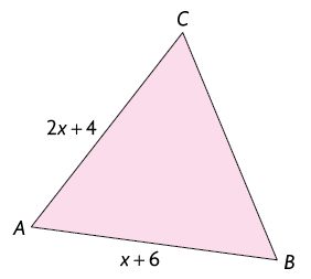 Ilustração de um triângulo A B C. A medida do lado A C mede 2 x mais 4. A medida do lado A B mede x mais 6.  