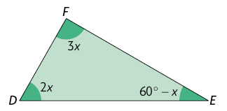 Ilustração de um triângulo D E F, e seus respectivos ângulos internos medindo 2 x, 60 graus menos x e 3 x.