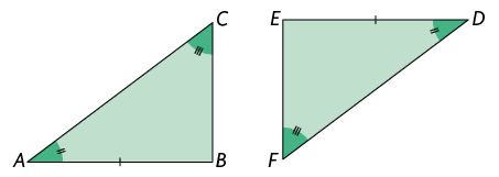 Ilustração de dois triângulos, um de vértices A, B e C, outro de vértices D, E e F. O lado A e B e o lado E e D são do mesmo tamanho. O ângulo do vértice A e o ângulo do vértice D são do mesmo tamanho. O ângulo do vértice C e o ângulo do vértice F são do mesmo tamanho.  