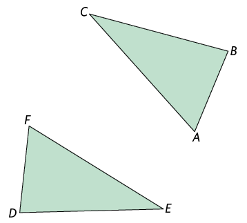 Ilustração de dois triângulos. Um deles, acima, tem vértices, em sentido anti-horário, A, B e C. O outro, abaixo, tem vértices, em sentido anti-horário, D, E e F.