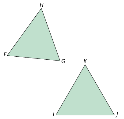 Ilustração de dois triângulos. Um deles, acima, tem vértices, em sentido anti-horário, F, G e H. O outro, abaixo, tem vértices, em sentido anti-horário, I, J e K.