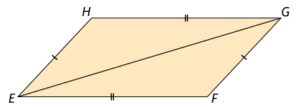 Ilustração de um paralelogramo com os vértices, em sentido anti-horário, E, F, G, H. Há um segmento de reta indo do vértice E ao G. O lado E H e o lado F G tem o mesmo tamanho. O lado E F e o lado H G tem o mesmo tamanho.