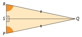 Ilustração de dois triângulos, com um lado em comum, na horizontal. Um tem vértices, em sentido anti-horário, Q, R e S. O outro tem vértices, em sentido anti-horário, Q, S e P. Os ângulos do vértice S são de 90 graus. Os ângulos dos vértices P e R são do mesmo tamanho. O lado P Q e o lado R Q tem o mesmo tamanho.