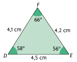Ilustração de um triângulo com vértices, em sentido anti-horário, D, E e F, com ângulos internos 58 graus, 56 graus e 66 graus, respectivamente. O lado D E tem 4,5 centímetros de comprimento. O lado E F tem 4,2 centímetros de comprimento. O lado F D tem 4,1 centímetros de comprimento.  