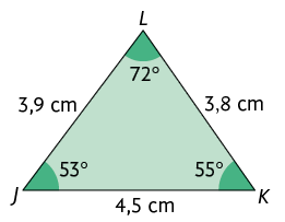 Ilustração de um triângulo com vértices, em sentido anti-horário, J, K e L, com ângulos internos 53 graus, 55 graus e 72 graus, respectivamente. O lado J K tem 4,5 centímetros de comprimento. O lado K L tem 3,8 centímetros de comprimento. O lado L J tem 3,9 centímetros de comprimento.