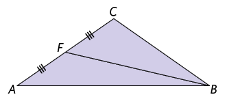 Ilustração de dois triângulos, com um lado em comum. Um tem vértices, em sentido anti-horário, A, B e F. O outro tem vértices, em sentido anti-horário, B, C e F. O lado A F e o lado F C tem o mesmo tamanho.