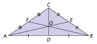 Ilustração de um triângulo de vértices, em sentido anti-horário, A, B e C. Há três segmentos de reta, que se cruzam em O, cada com uma extremidade em um dos vértices e a outra extremidade na metade do lado oposto ao vértice, em E, o que sai de A, em F, o que sai de B, e em D, o que sai de C.  