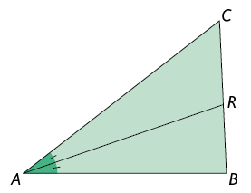 Ilustração de um triângulo com vértices, em sentido anti-horário, A, B e C. O ângulo do vértice A está dividido ao meio por um segmento de reta com extremidade em A e outra extremidade em R, que está no lado de extremidades B e C.