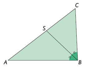 Ilustração de um triângulo com vértices, em sentido anti-horário, A, B e C. O ângulo do vértice B está dividido ao meio por um segmento de reta com extremidade em B e outra extremidade em S, que está no lado de extremidades A e C.
