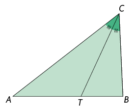 Ilustração de um triângulo com vértices, em sentido anti-horário, A, B e C. O ângulo do vértice C está dividido ao meio por um segmento de reta com extremidade em C e outra extremidade em T, que está no lado de extremidades A e B.