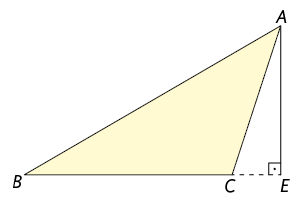 Ilustração de um triângulo de vértices, em sentido anti-horário, A, B e C. O lado de extremidades B e C está abaixo, na horizontal. Do lado direito do triângulo há um segmento de reta vertical com extremidades em A e em E, formando um ângulo de 90 graus em E, com relação à uma linha horizontal pontilhada de extremidades C e E.