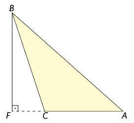 Ilustração de um triângulo de vértices, em sentido anti-horário, A, B e C. O lado de extremidades C e A está abaixo, na horizontal. Do lado esquerdo do triângulo há um segmento de reta vertical com extremidades em B e em F, formando um ângulo de 90 graus em F, com relação à uma linha horizontal pontilhada de extremidades C e F.