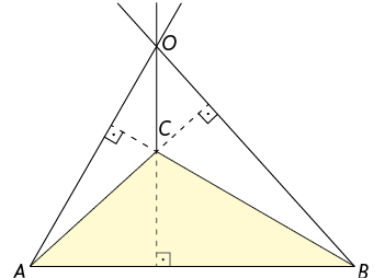 Ilustração de um triângulo de vértices, em sentido anti-horário, A, B e C, com o lado de extremidades A e B na horizontal. As três alturas, relativas aos três lados, estão traçadas, prolongadas e se cruzam em um ponto O, externo ao triângulo, na parte superior. 