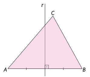 Ilustração com uma reta e um segmento de reta se cruzando, formando um ângulo de 90 graus. Na vertical, a reta r e na horizontal, a reta com extremidades nos pontos A e B. A reta r cruza o segmento ao meio. Há um triângulo de vértices, em sentido anti-horário, A, B e C, onde C se encontra à direita de r e acima do segmento de extremidades A e B.
