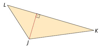 Ilustração de um triângulo J K L. Há um segmento de reta perpendicular ao lado L K, com uma extremidade nesse lado e outra extremidade em J.