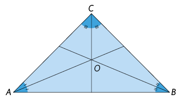 Ilustração de um triângulo A B C. Há três segmentos de reta internos ao triângulo, cada com uma extremidade em um vértice, o dividindo ao meio, e outra extremidade no lado oposto ao vértice. Os segmentos se cruzam em O.