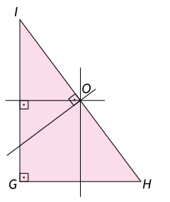 Ilustração de um triângulo retângulo G H I com base G H reto em G. Há um ponto O no cruzamento das mediatrizes internas do triângulo. 