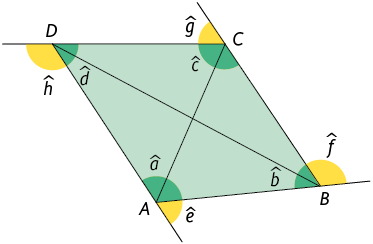 Ilustração de um quadrilátero A B C D com os ângulos destacados em que o lado A B é oposto ao lado D C e o lado D A é oposto ao lado C B. Há duas diagonais traçadas uma do vértice A ao C e outra do B ao D, formando 4 triângulos. No triângulo de base D A há o ângulo de medida, d minúsculo, no vértice D e o ângulo de medida, a minúsculo, no vértice A, no triângulo de base A B há o ângulo de medida, b minúsculo, no vértice B e no triângulo de base C D há o ângulo de medida, c minúsculo, no vértice C. O ângulo externo e suplementar ao ângulo do vértice A é o ângulo de medida, e minúsculo, o ângulo externo e suplementar ao ângulo do vértice B é o ângulo de medida, f minúsculo, o ângulo externo e suplementar ao ângulo do vértice C é o ângulo de medida, g minúsculo, e o ângulo externo e suplementar ao ângulo do vértice D é o ângulo de medida, h minúsculo.