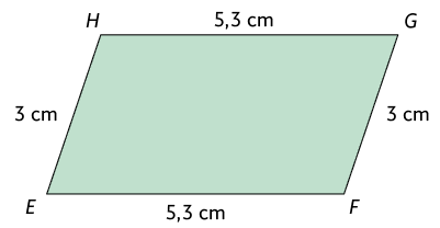 Ilustração de um paralelogramo E F G H. A base E F é oposta ao lado H G e o lado H E é oposto ao lado G F. A medida do comprimento dos lados E F e H G é 5,3 centímetros e a medida do comprimento dos lados H E, e, G F é 3 centímetros.