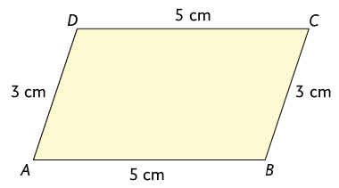 Ilustração de um paralelogramo A B C D. A base A B é oposta ao lado C D e o lado D A é oposto ao lado C B. A medida do comprimento dos lados A B e C D é 5 centímetros e a medida do comprimento dos lados D A e C B é 3 centímetros.