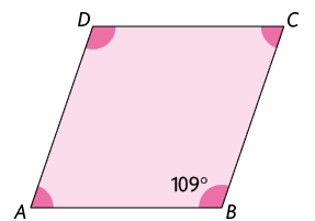 Ilustração de um paralelogramo A B C D, com todos os ângulos destacados. O ângulo interno B mede 109 graus.