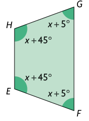 Ilustração de um trapézio de vértices E, F, G e H, com as medidas dos ângulos internos: x mais 45, x mais 5, x mais 5, x mais 45, respectivamente.