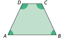 Ilustração de um trapézio A B C D. Os ângulos em A e em B tem a mesma medida. A medida do ângulo em C é de 115 graus. 