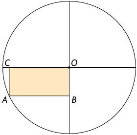 Ilustração de uma circunferência de centro O, com dois segmentos perpendiculares, passando por O, dentro da circunferência. Há um retângulo A B O C na parte inferior à esquerda, dentro da circunferência, com os lados O B e O C apoiados nos segmentos perpendiculares, e o vértice A na circunferência.