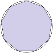 Ilustração de uma circunferência com um polígono regular de nove lados dentro dela, com seus vértices na circunferência.