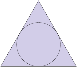 Ilustração de um triângulo equilátero e uma circunferência dentro dele. A circunferência toca cada um dos três lados do triângulo em um ponto. 