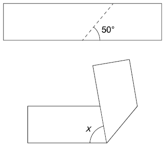 Ilustração de uma tira de papel retangular com uma linha pontilhada desenhada a cruzando de maneira oblíqua, formando um ângulo de 50 graus com o lado inferior. Abaixo está a mesma tira de papel, mas com sua parte da esquerda dobrada para cima, sobre a linha pontilhada, formando um ângulo de medida x com o lado interno da folha de baixo.