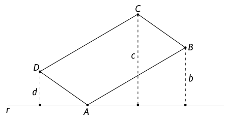 Ilustração de um paralelogramo A B C D. O lado A B é oposto ao lado D C e o lado D A é oposto ao lado C B. Há uma reta, r, que passa pelo vértice A. Há um traçado pontilhado com medida, d minúsculo, perpendicular à reta ligado ao ponto D, um traçado pontilhado com medida c minúsculo perpendicular à reta ligado ao ponto C e um traçado pontilhado com medida d minúsculo perpendicular à reta ligado ao ponto B.