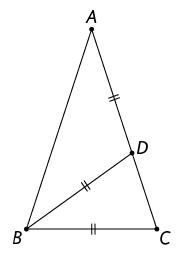 Ilustração de um triângulo, A B C, do vértice B parte um segmento de reta até o ponto D no lado A C, dividindo o triângulo A B C em dois triângulos, o triângulo A B D e o triângulo B C D. São iguais as medidas dos lados B C, B D e D A.