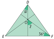 Ilustração de um triângulo D E F. Estão traçadas as alturas de cada vértice e o ortocentro O. A altura que parte do lado E F forma um ângulo de medida W com o lado E D, a que parte do lado E D forma um ângulo de medida 36 graus com o lado E F e há a demarcação do ângulo de medida z no ortocentro, voltado para o lado E F, entre a altura que parte do lado D E e a do lado E F.