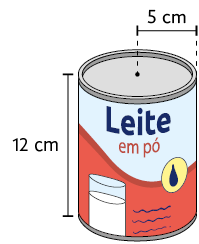 Ilustração de uma lata de leite em pó, em formato de um cilindro. As medidas da lata estão indicadas: altura com comprimento de 12 centímetros e o raio está indicado com 5 centímetros de comprimento.