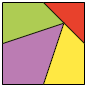 Ilustração de um quadrado formado por 4 peças coloridas: três quadriláteros e um triângulo.