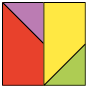 Ilustração de um quadrado formado por 4 peças coloridas: 2 quadriláteros e dois triângulos. 