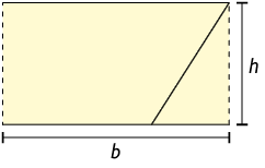 Ilustração de um retângulo formado pela montagem anterior: um triângulo retângulo, que tem o lado oposto ao ângulo reto encostado ao lado do paralelogramo. O retângulo tem medida de comprimento da base b e altura h. 